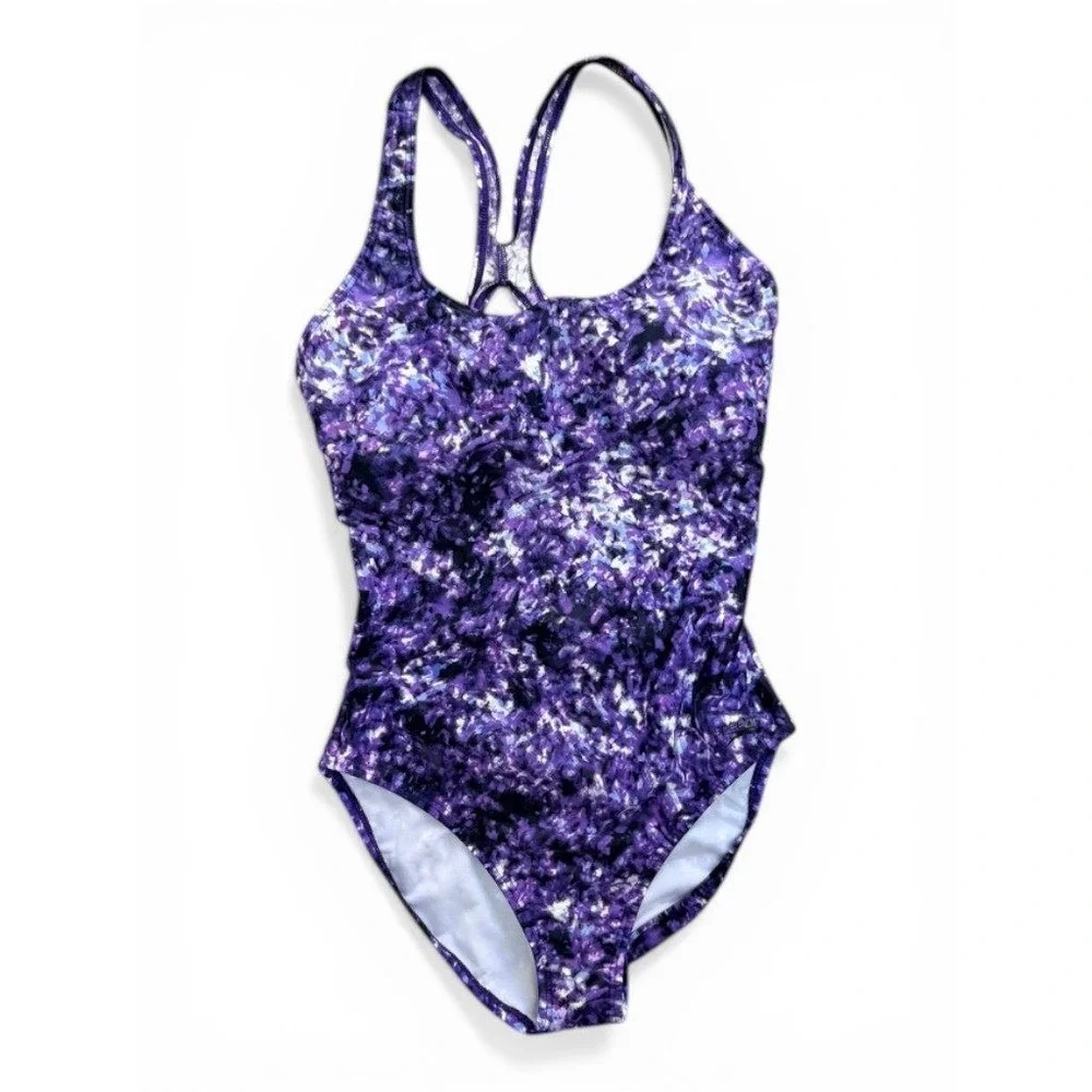 Speedo One Piece Swimsuit Womens Size 12 Purple Abstract Racerback Athletic Swim